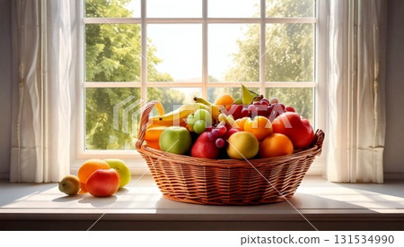 fresh fruits and vegetables in basket 131534990