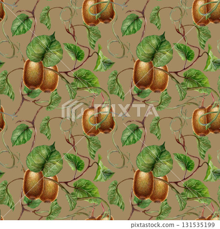 Green leaves, branches and brown fruit kiwi on a seamless pattern on a beige background. Botanical template for home, children's, and kitchen textiles, wrapping paper, packaging, wallpaper, scrapbook 131535199