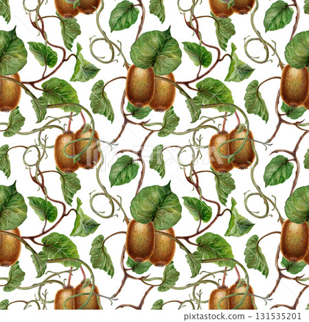 Green leaves, branches and brown fruit kiwi on a seamless pattern on a white background. Botanical template for home, children's, and kitchen textiles, wrapping paper, packaging, wallpaper, scrapbook Green leaves, branches and brown fruit kiwi on a seamless pattern on a white background. Botanical template for home, children's, and kitchen textiles, wrapping paper, packaging, wallpaper, scrapbook 131535201