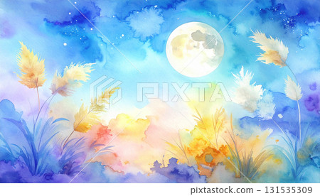 秋夜裡一輪閃亮的滿月映襯下的草原景觀圖 131535309