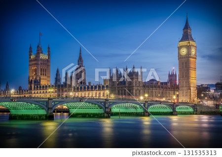 Big Ben and Houses of Parliament in London at Blue Hour with Thames Reflections Big Ben and Houses of Parliament in London at Blue Hour with Thames Reflections 131535313