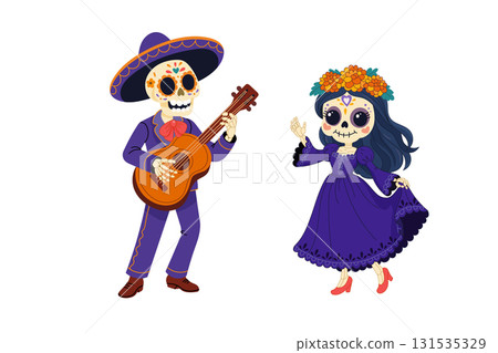 Skeleton mariachi and catrina illustration for Day of the Dead 131535329
