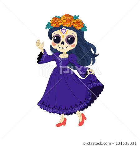 Cute female catrina skeleton with marigolds and purple dress 131535331