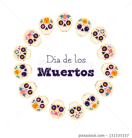 Sugar skull wreath with Dia de los Muertos lettering 131535337