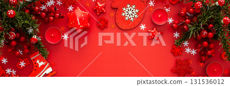 Red Christmas background with fir branches Red Christmas background with fir branches 131536012