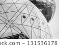 A geometric futuristic abstraction of two metal spheres in perspective. Horizontal black and white photo 131536178