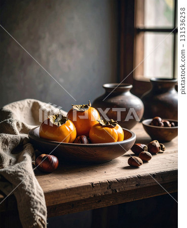 Persimmons and chestnuts on the table Persimmons and chestnuts on the table 131536258