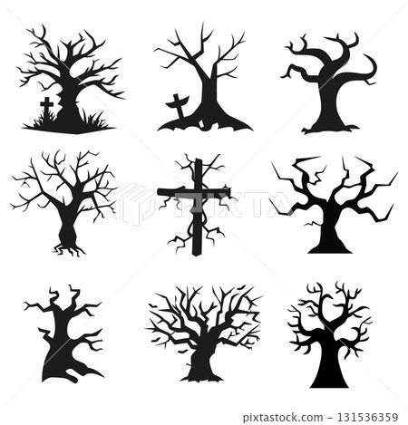 Spooky Dead Tree Silhouette Vector Set. A collection of scary Halloween forest vector elements. 131536359