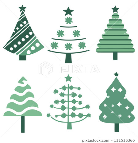 Stylized Christmas Tree Vector Icon Set. A collection of green festive winter holiday vector trees. 131536360