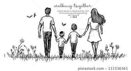Family Walking Together Hand-drawn Vector Sketch. Parents and Children in Nature Vector Illustration. Family Walking Together Hand-drawn Vector Sketch. Parents and Children in Nature Vector Illustration. 131536361