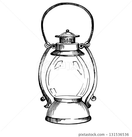 Vintage kerosene lantern vector illustration. Retro oil lamp drawing with rustic details, antique camping light sketch, old fashioned lamp artwork for design, decoration, poster, logo or postcard Vintage kerosene lantern vector illustration. Retro oil lamp drawing with rustic details, antique camping light sketch, old fashioned lamp artwork for design, decoration, poster, logo or postcard 131536536