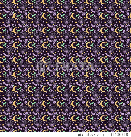 Cute Halloween pattern for kids. Cute spider, moon, stars, bats in watercolor style on a black background. 131536718