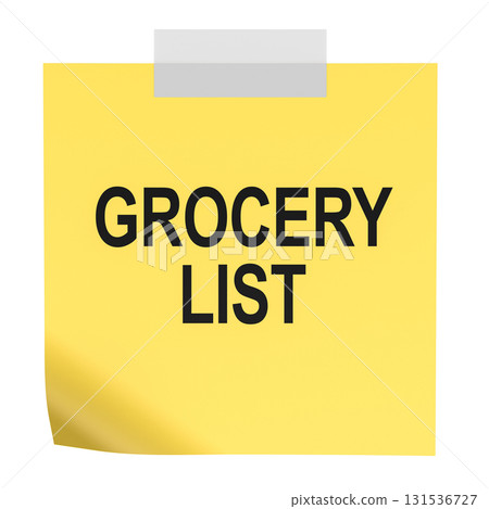 Grocery List note on yellow sticky paper. 3D rendering Grocery List note on yellow sticky paper. 3D rendering 131536727
