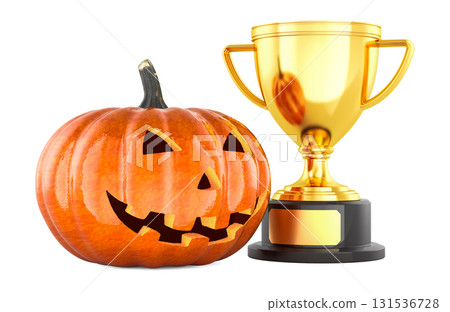 Halloween Pumpkin with carved face and golden trophy cup. 3D rendering Halloween Pumpkin with carved face and golden trophy cup. 3D rendering 131536728