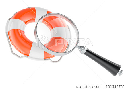 Lifebuoy with magnifying glass. Concept of safety search or rescue analysis. 3D rendering 131536731