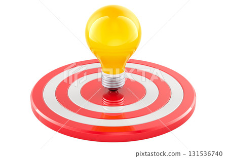 Yellow light bulb in the center of target. Bullseye solution, concept. 3D rendering Yellow light bulb in the center of target. Bullseye solution, concept. 3D rendering 131536740