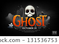 Happy Halloween ghost orange text, Scary skull ghost, poster banner design on black background 131536753