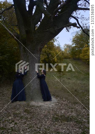 Two women in the long black dresses perform a historical reenactment of the Edwardian era on a hill near a majestic oak tree for Halloween. 131536895
