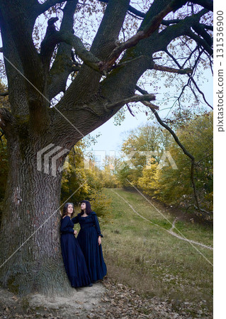 Two women in the long black dresses perform a historical reenactment of the Edwardian era dancing lovers on a hill near a majestic oak tree for Halloween. 131536900