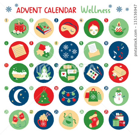 Advent Calendar Wellness. Countdown Christmas. Merry Round Sticker Template. Isolated Xmas Numbers labels set. Caring for yourself, relaxation, preparation for New Year. Vector illustration. Not AI Advent Calendar Wellness. Countdown Christmas. Merry Round Sticker Template. Isolated Xmas Numbers labels set. Caring for yourself, relaxation, preparation for New Year. Vector illustration. Not AI 131536947