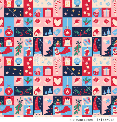 Seamless Christmas pattern. New Year Ornament Geometric Bright Tiles with Holiday Symbol. Template with Cute Snowman, Santa, Sugar Cane, Xmas Tree, Ball, Hot Cocoa and Boot. Vector illustration Not AI 131536948