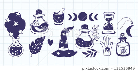 Magic and Mysticism, Symbols and occult elements, Witch Doodles. Textured Hand Drawn Set. Isolated Vector sketch Wizard Hat, Hourglass, Potion, Elixir, and Hand with Eye on checkered paper. Not AI Magic and Mysticism, Symbols and occult elements, Witch Doodles. Textured Hand Drawn Set. Isolated Vector sketch Wizard Hat, Hourglass, Potion, Elixir, and Hand with Eye on checkered paper. Not AI 131536949