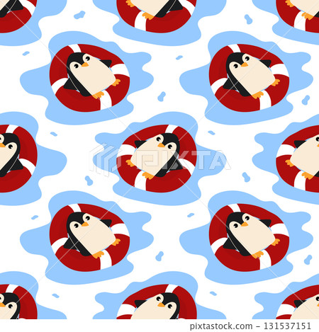 A seamless pattern with cute penguins floating on red lifebuoy. Wallpaper, wrapping paper, fabric, packaging, notebook cover template A seamless pattern with cute penguins floating on red lifebuoy. Wallpaper, wrapping paper, fabric, packaging, notebook cover template 131537151