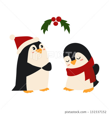 A cute illustration of two penguins standing underneath a mistletoe. Fun Christmas characters. 131537152