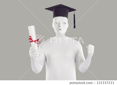 University student in white bodysuit, mask and academic cap celebrating graduation 131537231