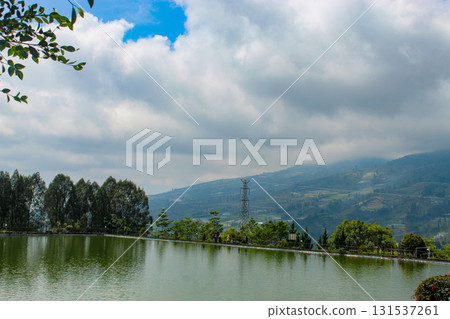 A calm green lake reflects a line of trees with distant terraced hills and an electric pylon under a cloudy sky. 131537261