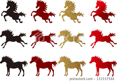 豪華馬剪影，十二生肖，金色，紅色，材質 131537388
