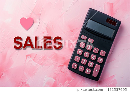 Calculator shows love for sales against a pink background with text 131537695