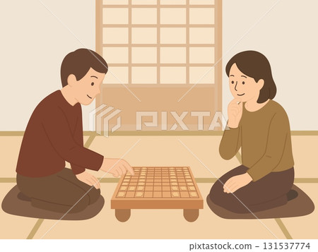 Two people playing shogi in a Japanese-style room, shogi table Two people playing shogi in a Japanese-style room, shogi table 131537774