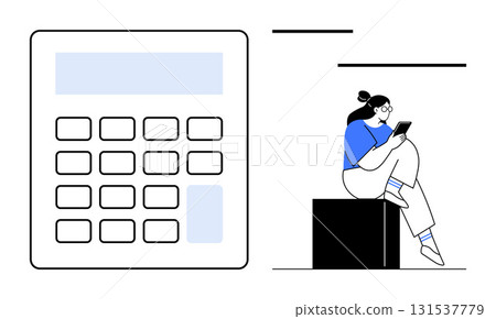 Woman in blue shirt and glasses typing on tablet, sitting on a black cube, near an oversized calculator. Ideal for finance, accounting, education, technology, work planning and study. Line metaphor Woman in blue shirt and glasses typing on tablet, sitting on a black cube, near an oversized calculator. Ideal for finance, accounting, education, technology, work planning and study. Line metaphor 131537779