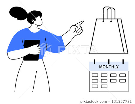 Woman holding tablet and pointing at shopping bag next to a monthly calendar. Ideal for e-commerce, scheduling, retail planning, subscriptions, budgeting, time management, reminders. Line metaphor 131537781