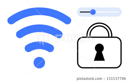 wireless signal icon, slider element, and padlock symbolizing secure wireless network connection. Ideal for technology, internet security, data protection, wireless communication, network management 131537786