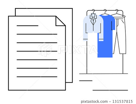 Wardrobe with clothes on hangers next to documents. Ideal for fashion, retail, inventory management, organization, garment documentation, fashion design, business planning. Line metaphor Wardrobe with clothes on hangers next to documents. Ideal for fashion, retail, inventory management, organization, garment documentation, fashion design, business planning. Line metaphor 131537815