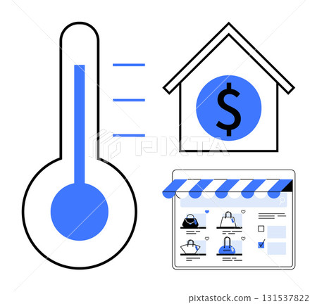 Thermometer representing growth, dollar sign inside a house symbolizing savings and property value, and a storefront e-commerce website. Ideal for finance, real estate, investment, business growth 131537822