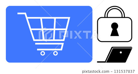 Shopping cart on blue background, lock, and laptop. Ideal for e-commerce, online shopping, cybersecurity, data protection, secure payments digital security web transactions. Line metaphor 131537837