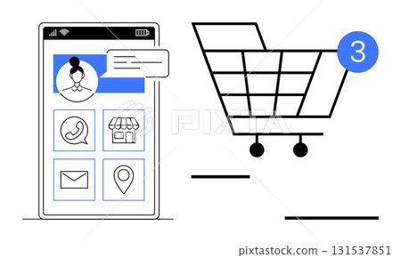 Mobile phone screen with user profile and various app icons next to a shopping cart showing three items. Ideal for e-commerce, online shopping, retail, customer service, user interface design Mobile phone screen with user profile and various app icons next to a shopping cart showing three items. Ideal for e-commerce, online shopping, retail, customer service, user interface design 131537851