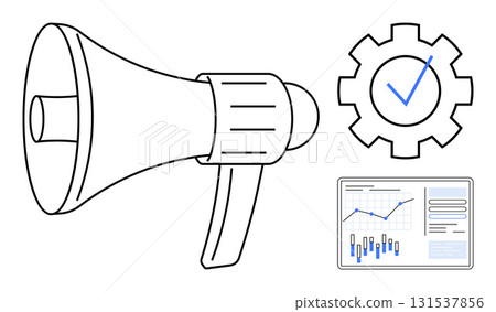 Megaphone, gearwheel with checkmark, and data chart with graphs and bar charts. Ideal for marketing, business strategy, project management, data analysis, communications, success metrics 131537856