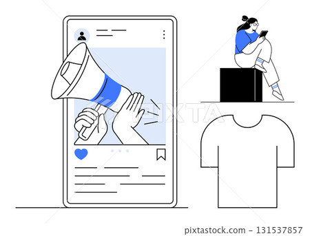 Megaphone on social media post, person with smartphone sitting on black box, and large t-shirt outline. Ideal for digital marketing, social media, branding, promotion, online communication Megaphone on social media post, person with smartphone sitting on black box, and large t-shirt outline. Ideal for digital marketing, social media, branding, promotion, online communication 131537857