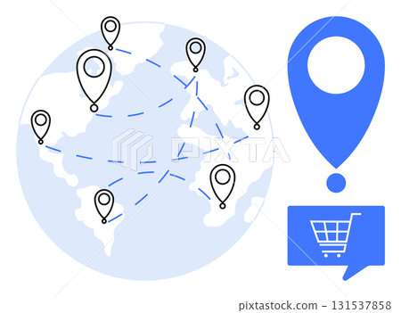 Map of the world with interconnected location pins illustrating a network. Blue location pin and shopping cart icon. Ideal for global supply chain, e-commerce, logistics, shipping, international Map of the world with interconnected location pins illustrating a network. Blue location pin and shopping cart icon. Ideal for global supply chain, e-commerce, logistics, shipping, international 131537858