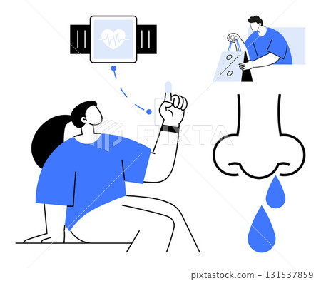 Man with smartwatch and finger device, engaged in shopping activities, large nose symbol with drops. Ideal for health apps, allergy awareness, shopping apps, fitness tracking, lifestyle apps, medical Man with smartwatch and finger device, engaged in shopping activities, large nose symbol with drops. Ideal for health apps, allergy awareness, shopping apps, fitness tracking, lifestyle apps, medical 131537859