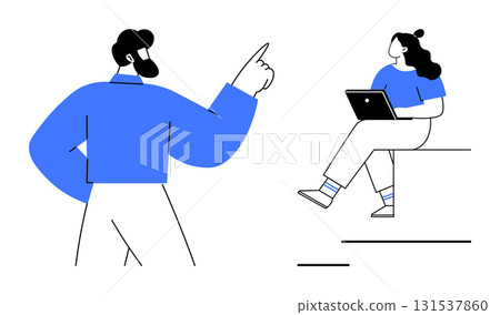 Man presenting with raised finger and woman sitting with laptop. Ideal for presentations, teamwork, business meetings, brainstorming sessions, workflow, remote working, education. Line metaphor 131537860
