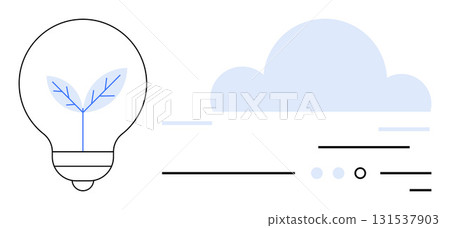 Light bulb containing a plant symbolizing growth alongside a cloud shape. Ideal for sustainability, eco-friendly technology, innovation, environmental protection, renewable energy, creative ideas 131537903