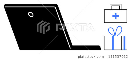 Laptop alongside healthcare briefcase and gift box. Ideal for workplace wellness, benefits communication, employee engagement, digital health, remote work, rewards, productivity. Line metaphor 131537912