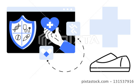 Hand holding heart with medical cross, shield with healthcare symbols, shoe, and cross sign. Ideal for health care, medical services, wellness programs, online health apps, telemedicine, fitness 131537916