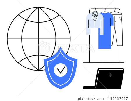 Globe, security badge with check mark, laptop, clothing on a rack. Ideal for online retail, e-commerce security, fashion industry, global trade cybersecurity virtual shopping clothing brands. Line 131537917