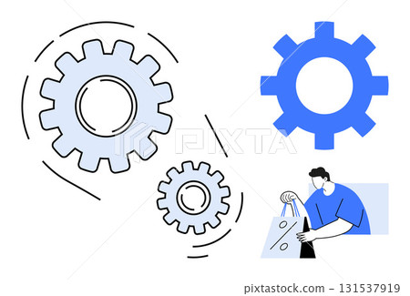 Gears showing teamwork and process efficiency person holding shopping bag with discount tag, symbolizing sales and commerce. Ideal for business strategy, teamwork, marketing, sales, e-commerce Gears showing teamwork and process efficiency person holding shopping bag with discount tag, symbolizing sales and commerce. Ideal for business strategy, teamwork, marketing, sales, e-commerce 131537919